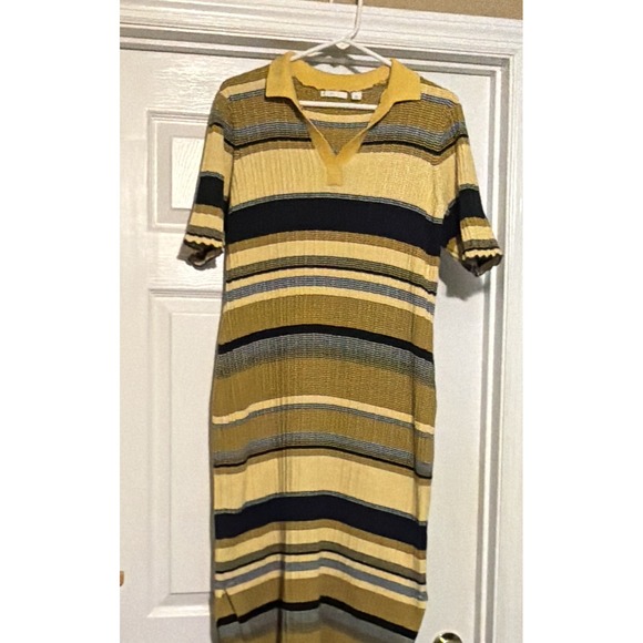 ST. 1946 Dresses & Skirts - Women's XL Striped Knit Collared Short Sleeve Sweater Dress Yellow Stripes Dress
